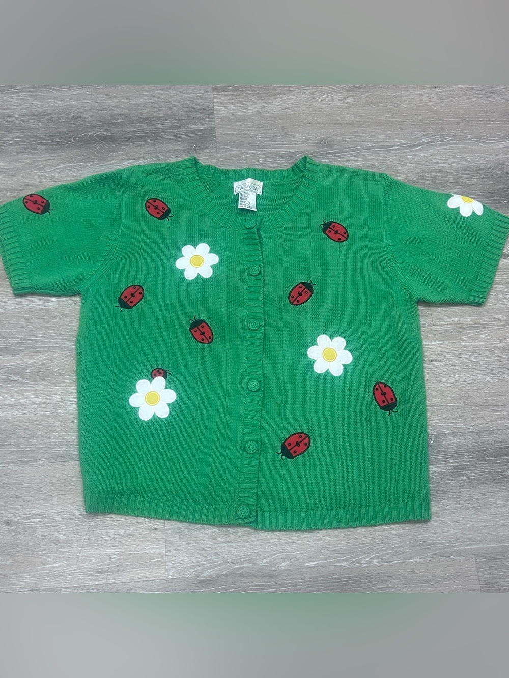 Vintage 90’s Mandal Bay Green Lady Bug Daisy Knit Sweater | Size XL